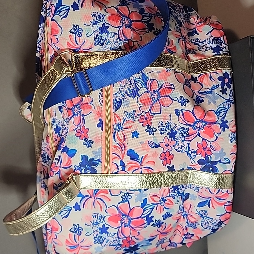 Lilly Pulitzer Pink and Blue Floral Bag with Gold Straps- NWOT - Picture 3 of 11